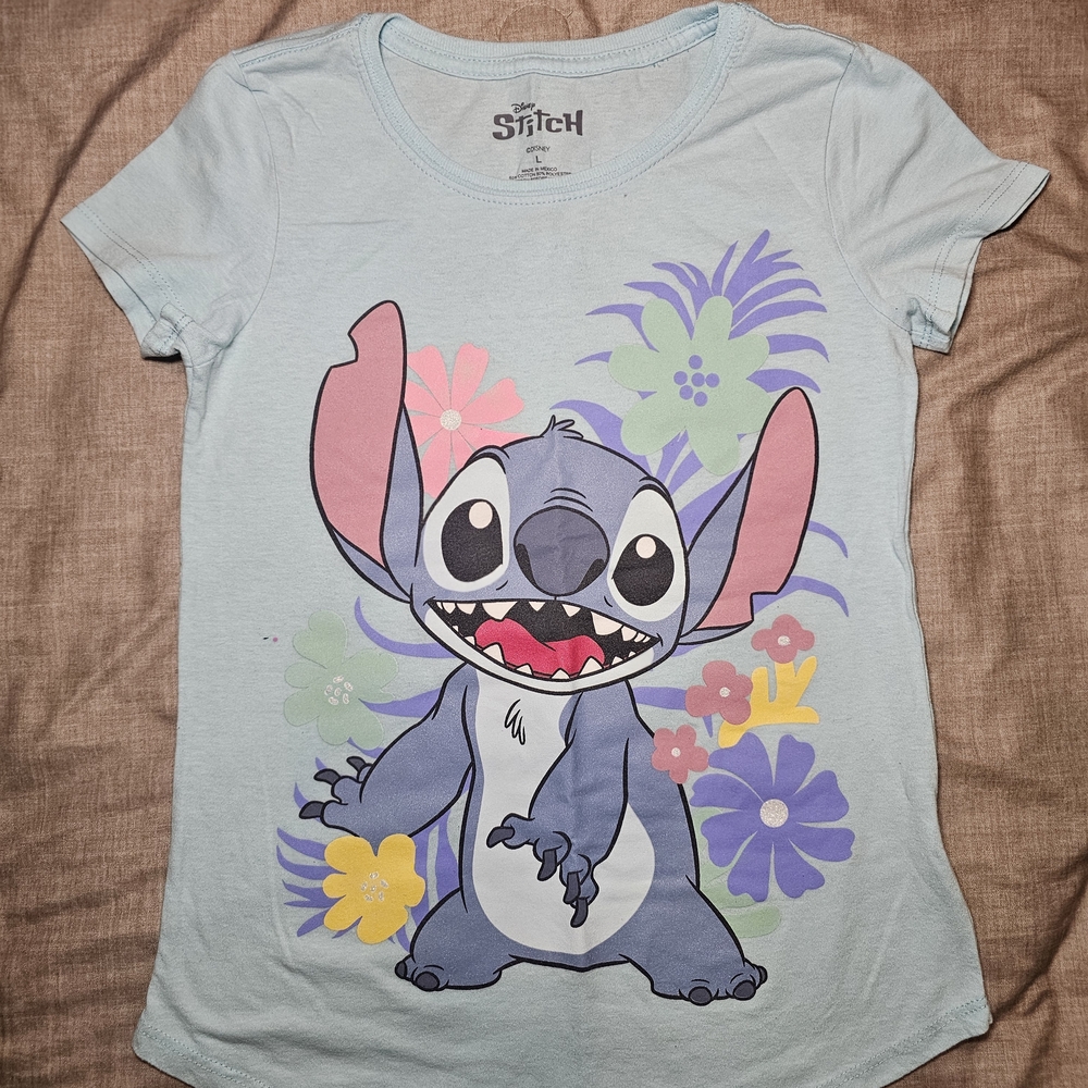 Disney Stitch Kids T-Shirt - Light Blue with Floral Accents